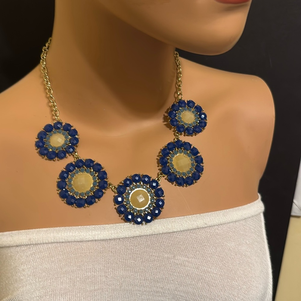 Blue and taupe on gold tone statement necklace